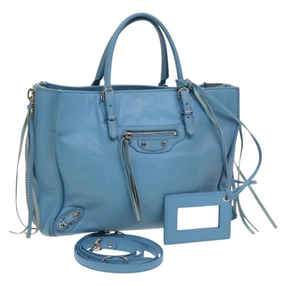 BALENCIAGA The Paper Hand Bag Leather 2way Light Blue Silver - Picture 1 of 16